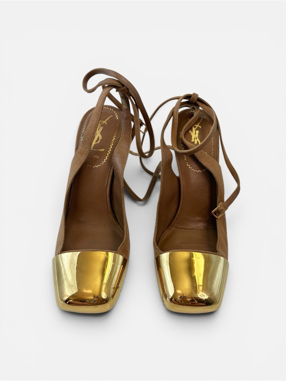 YSL Yves Saint Laurent Gold Cap Toe Lace Up Heels Pumps Brown